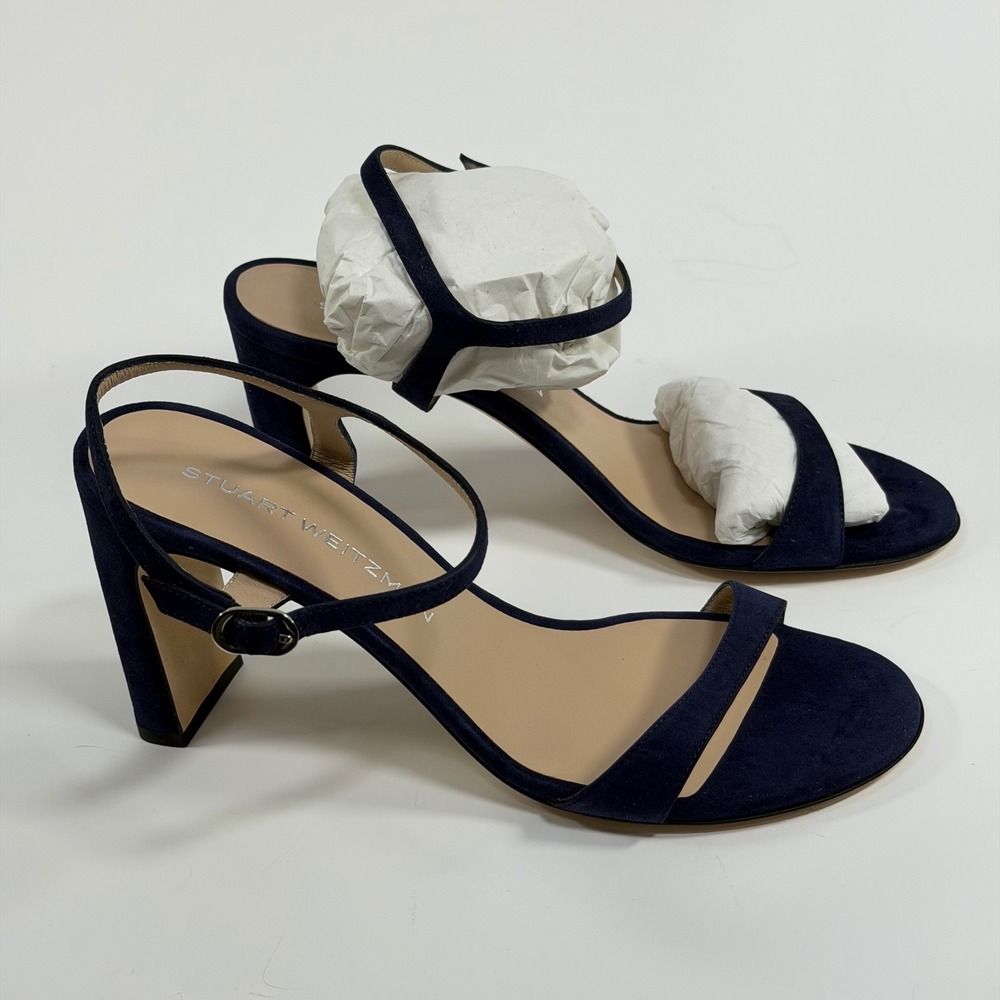 Stuart Weitzman Size-9B Babette 85 Suede Block Heel Sandals Nice Blue Navy $495